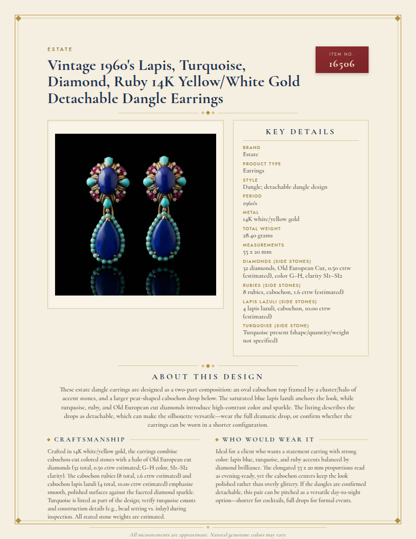 Vintage 1960's Lapis, Turquoise, Diamond, Ruby 14K Yellow/White Gold Detachable Dangle Earrings — anatomy card