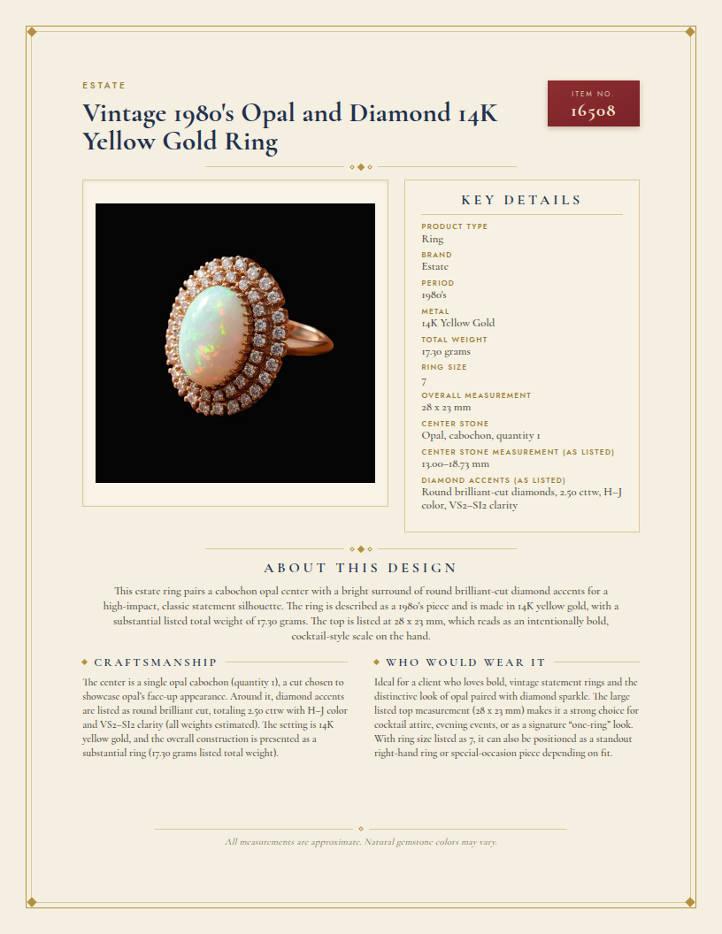 Vintage 1980's Opal and Diamond 14K Yellow Gold Ring — anatomy card
