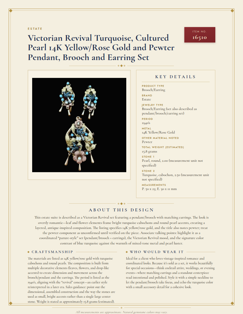 Victorian Revival Turquoise, Cultured Pearl 14K Yellow/Rose Gold and Pewter Pendant, Brooch and Earring Set — anatomy card