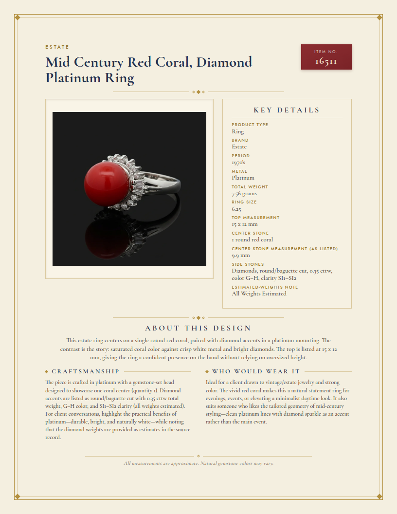 Mid Century Red Coral, Diamond Platinum Ring — anatomy card