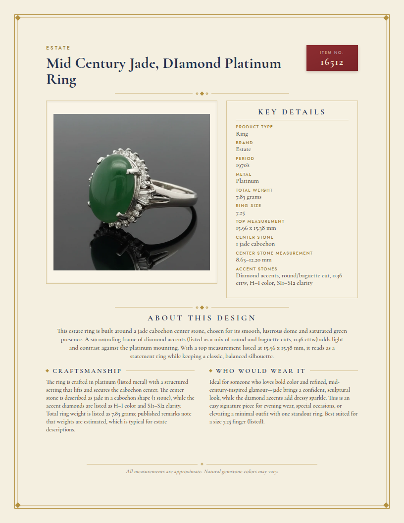 Mid Century Jade, DIamond Platinum Ring — anatomy card