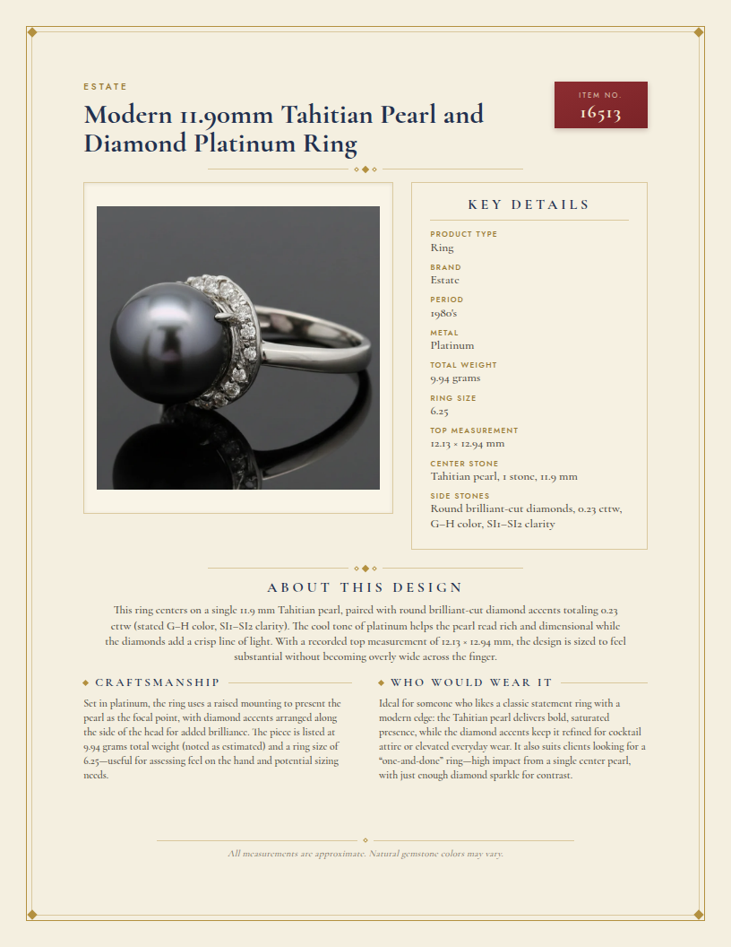 Modern 11.90mm Tahitian Pearl and Diamond Platinum Ring — anatomy card