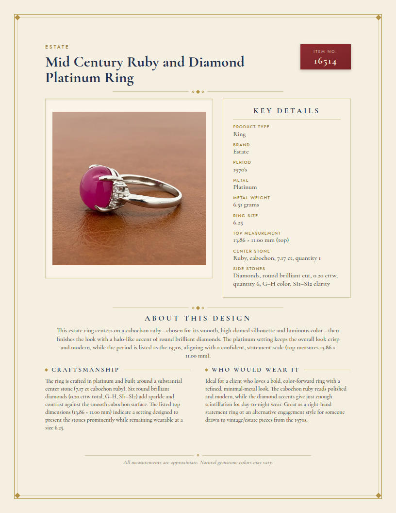 Mid Century Ruby and Diamond Platinum Ring — anatomy card