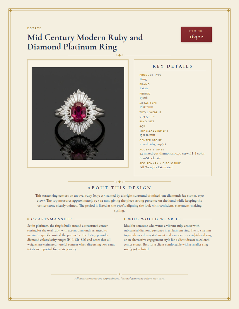 Mid Century Modern Ruby and Diamond Platinum Ring — anatomy card
