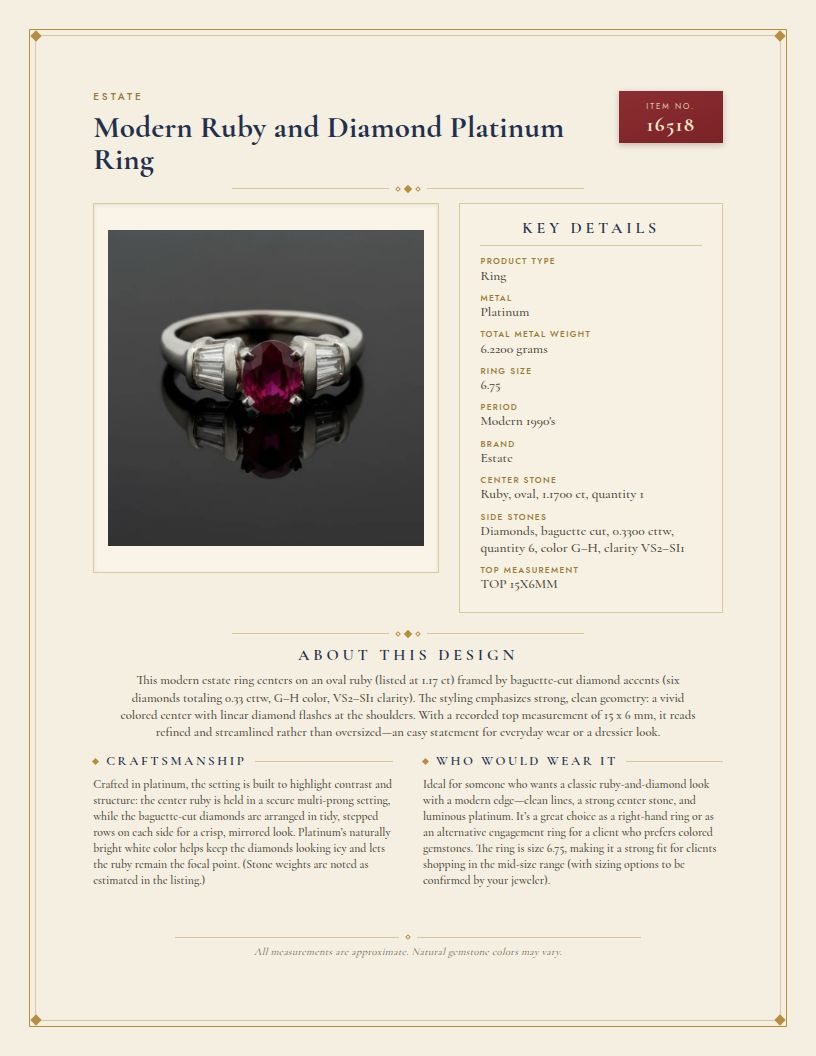 Modern Ruby and Diamond Platinum Ring — anatomy card