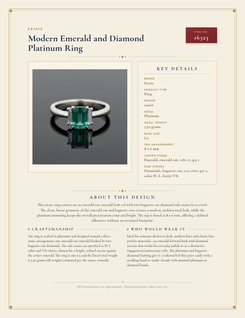 Modern Emerald and Diamond Platinum Ring — anatomy card