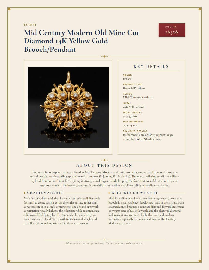 Mid Century Modern Old Mine Cut Diamond 14K Yellow Gold Brooch/Pendant — anatomy card