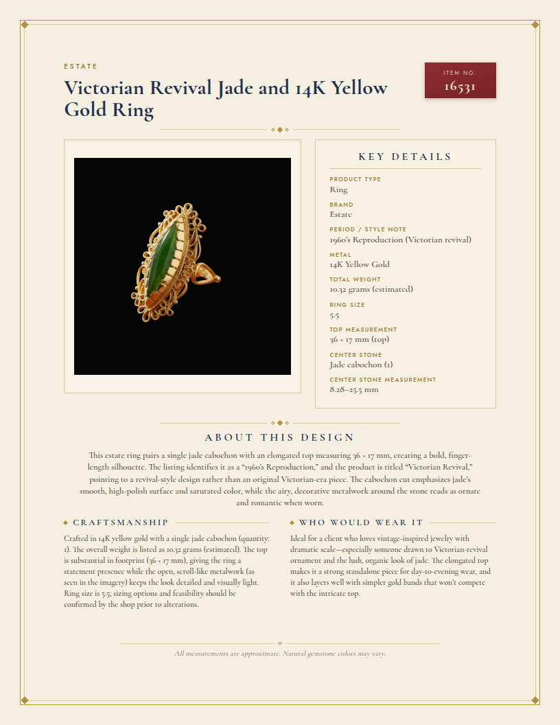 Victorian Revival Jade and 14K Yellow Gold Ring — anatomy card