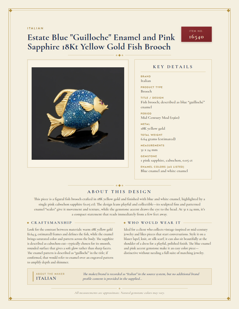 Italian Estate Blue "Guilloche" Enamel and Pink Sapphire 18Kt Yellow Gold Fish Brooch — anatomy card