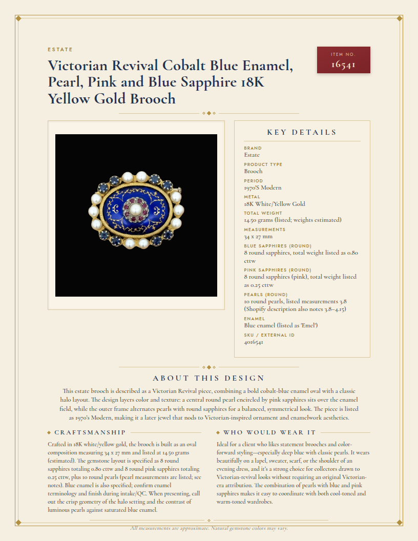 Victorian Revival Cobalt Blue Enamel, Pearl, Pink and Blue Sapphire 18K Yellow Gold Brooch — anatomy card