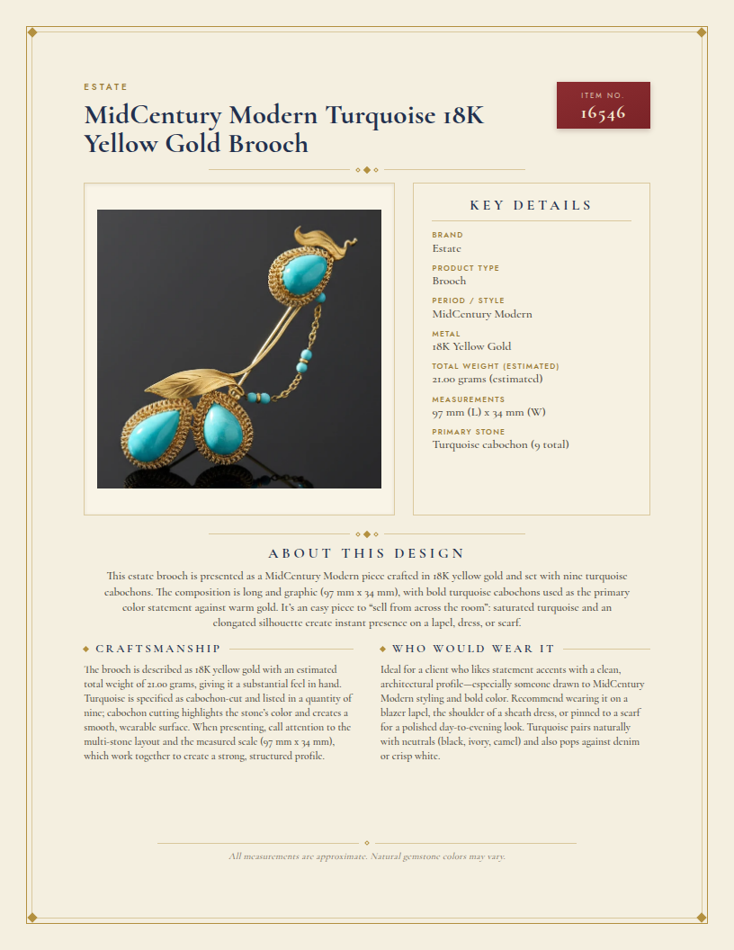 MidCentury Modern Turquoise 18K Yellow Gold Brooch — anatomy card