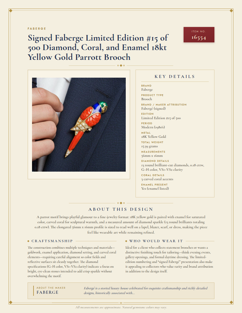 Signed Faberge Limited Edition #15 of 500 Diamond, Coral, and Enamel 18kt Yellow Gold Parrott Brooch — anatomy card