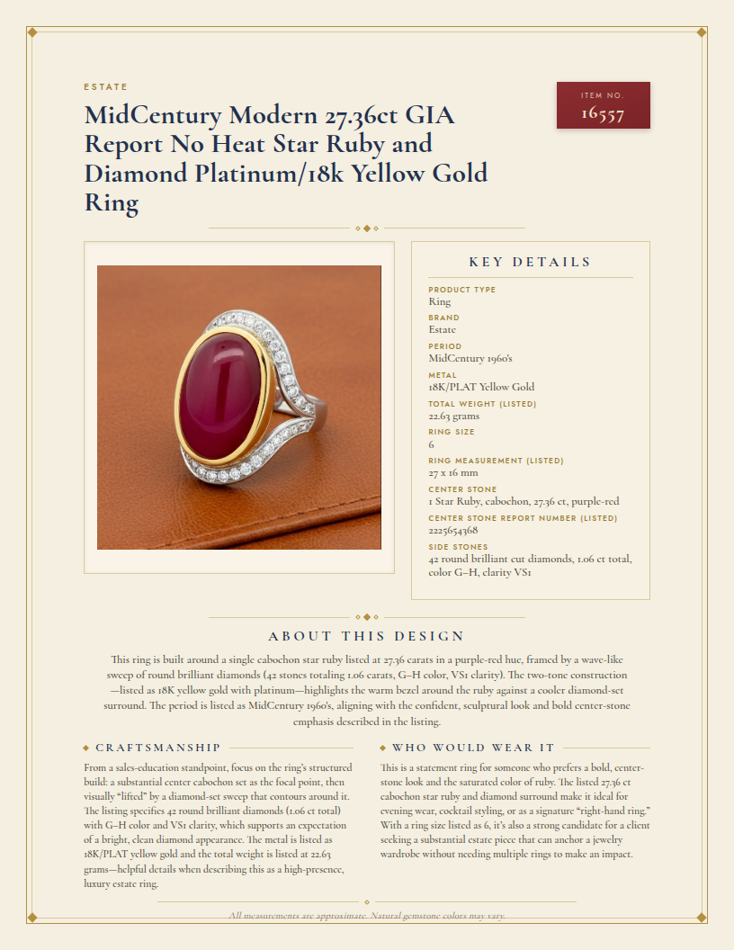 MidCentury Modern 27.36ct GIA Report No Heat Star Ruby and Diamond Platinum/18k Yellow Gold Ring — anatomy card