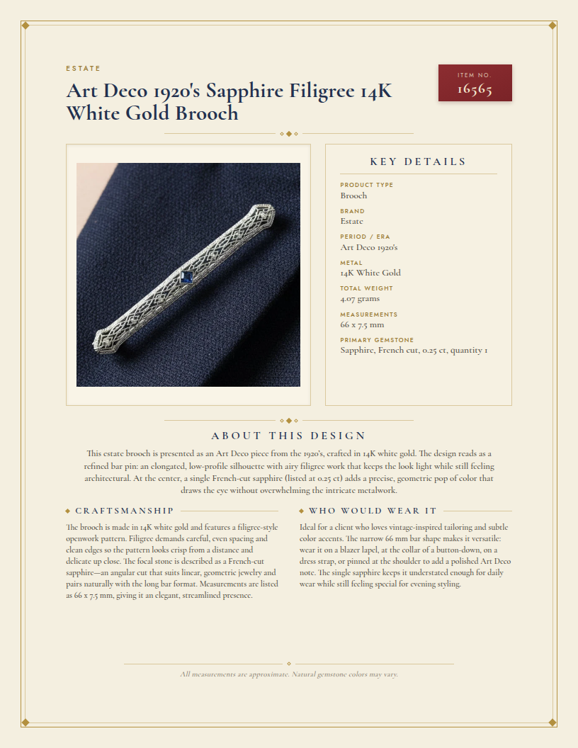 Art Deco 1920's Sapphire Filigree 14K White Gold Brooch — anatomy card