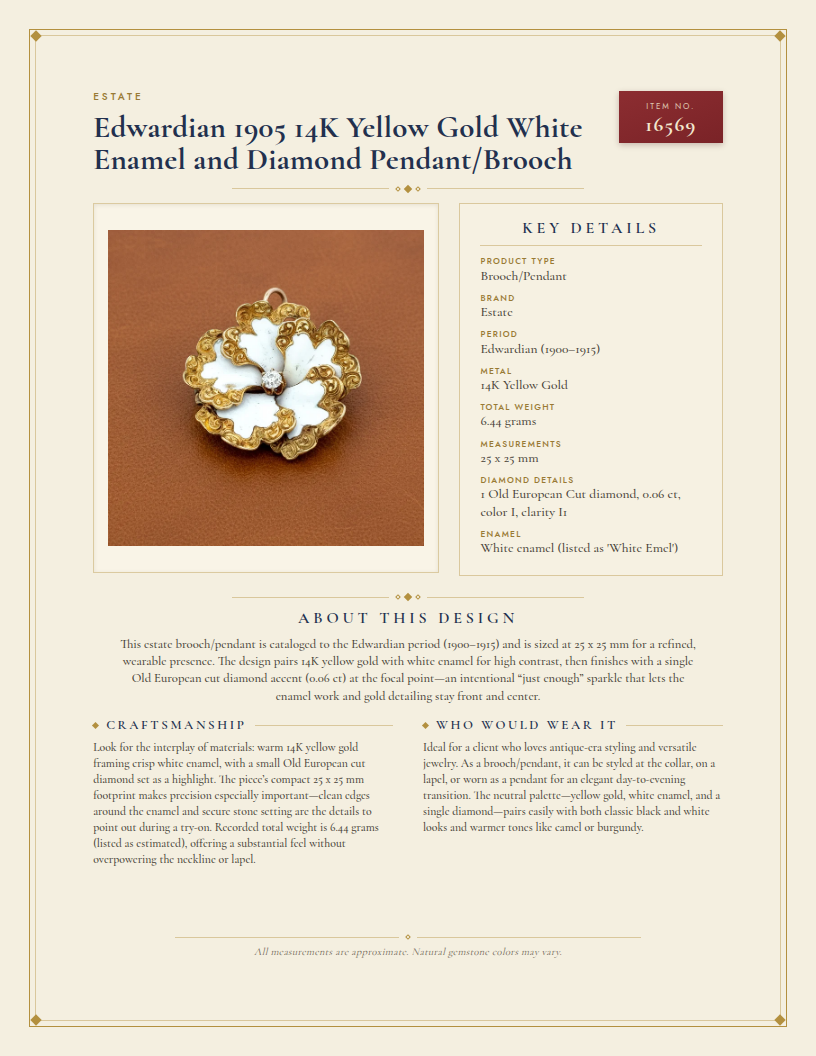 Edwardian 1905 14K Yellow Gold White Enamel and Diamond Pendant/Brooch — anatomy card