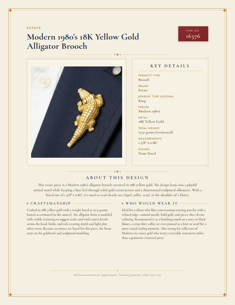 Modern 1980's 18K Yellow Gold Alligator Brooch — anatomy card