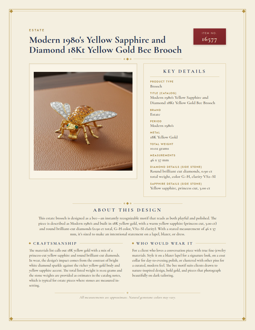 Modern 1980's Yellow Sapphire and Diamond 18Kt Yellow Gold Bee Brooch — anatomy card