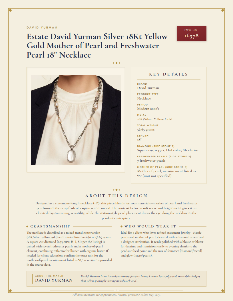 Estate David Yurman Silver 18Kt Yellow Gold Mother of Pearl and Freshwater Pearl 18" Necklace — anatomy card