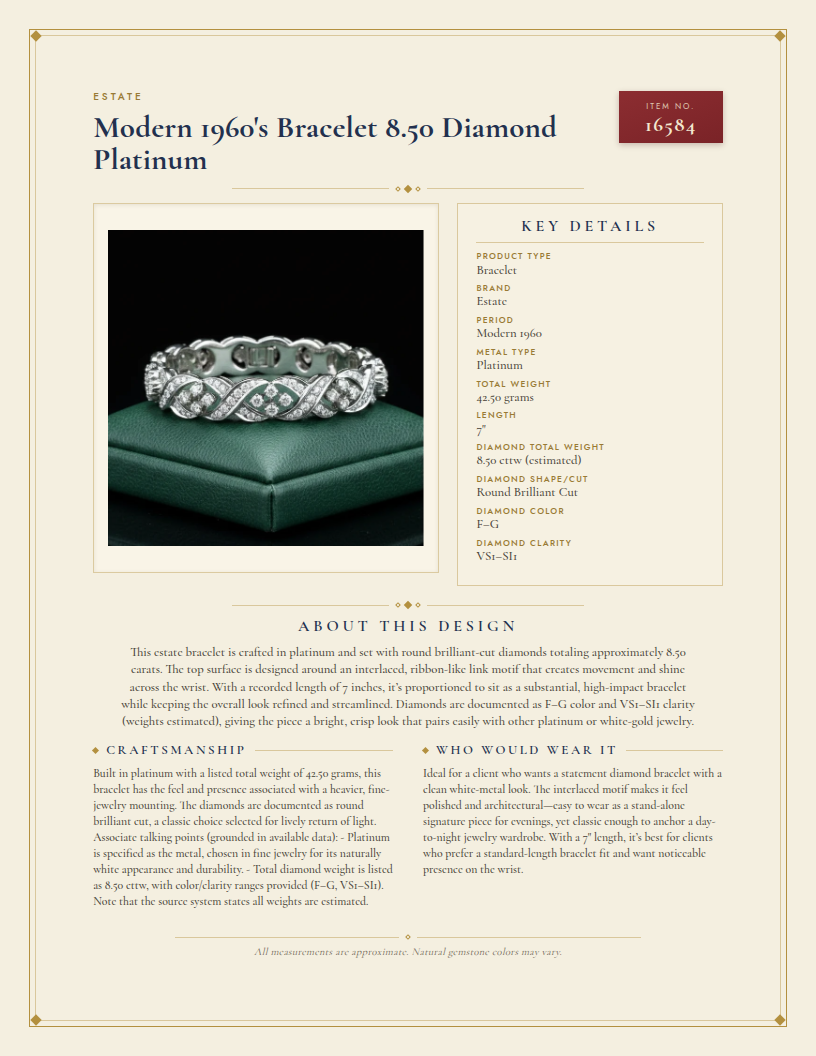 Modern 1960's Bracelet 8.50 Diamond Platinum — anatomy card