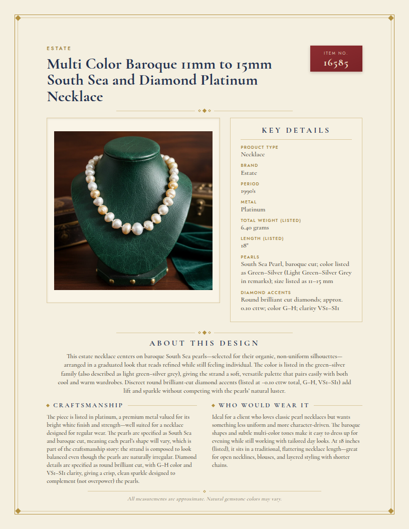 Estate Multi Color Baroque 11mm to 15mm South Sea and Diamond Platinum Necklace — anatomy card