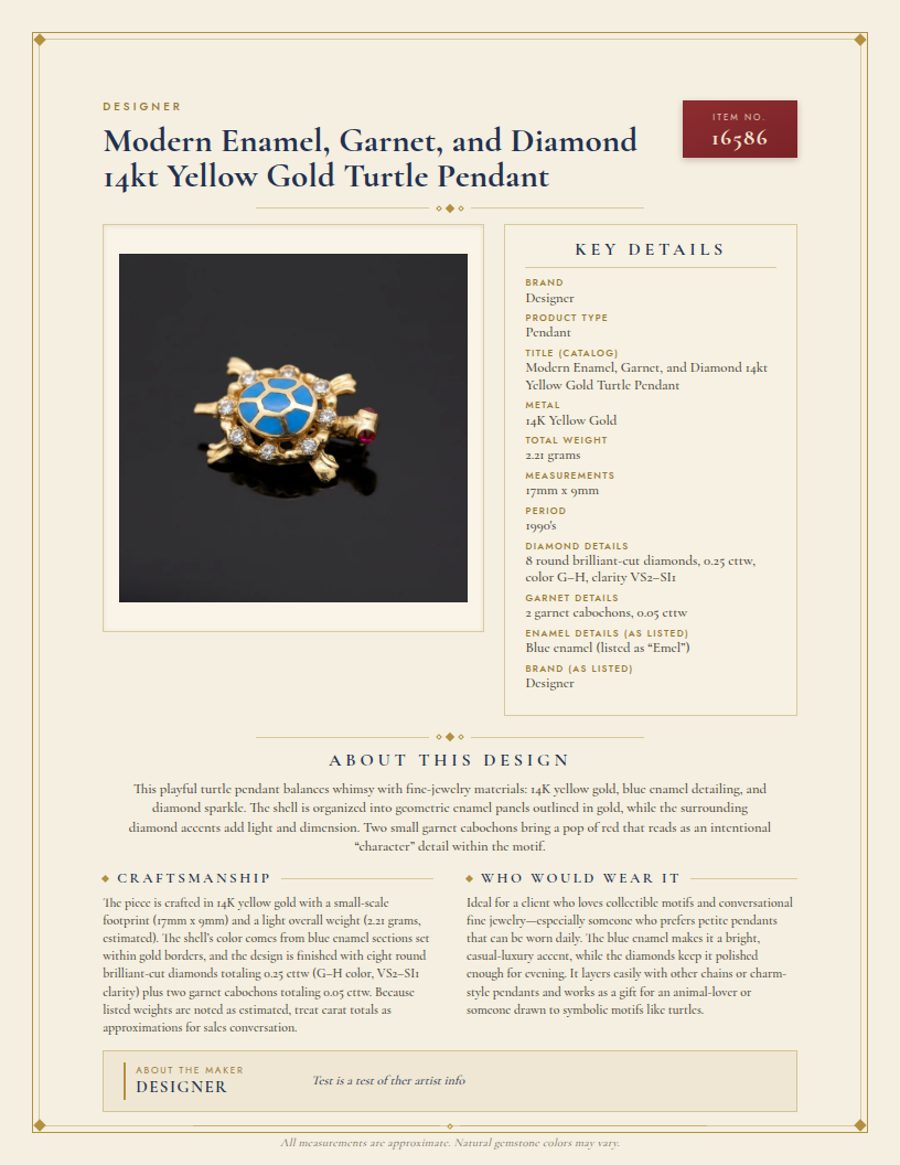 Modern Enamel, Garnet, and Diamond 14kt Yellow Gold Turtle Pendant — anatomy card