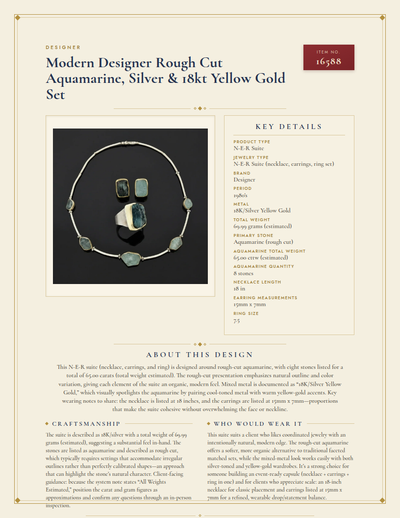 Modern Designer Rough Cut Aquamarine, Silver & 18kt Yellow Gold Set — anatomy card