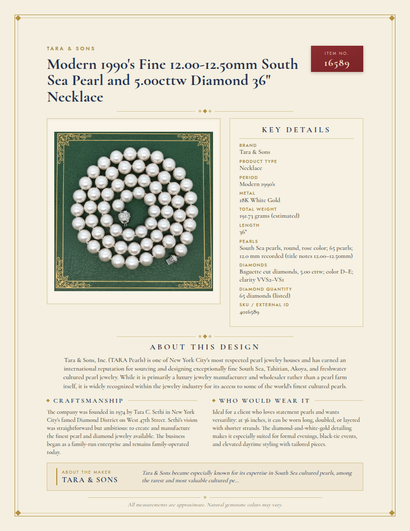 Modern 1990's Fine 12.00-12.50mm South Sea Pearl and 5.00cttw Diamond 36" Necklace — anatomy card
