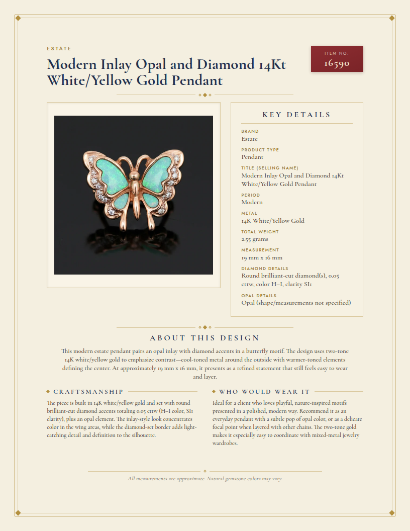 Modern Inlay Opal and Diamond 14Kt White/Yellow Gold Pendant — anatomy card