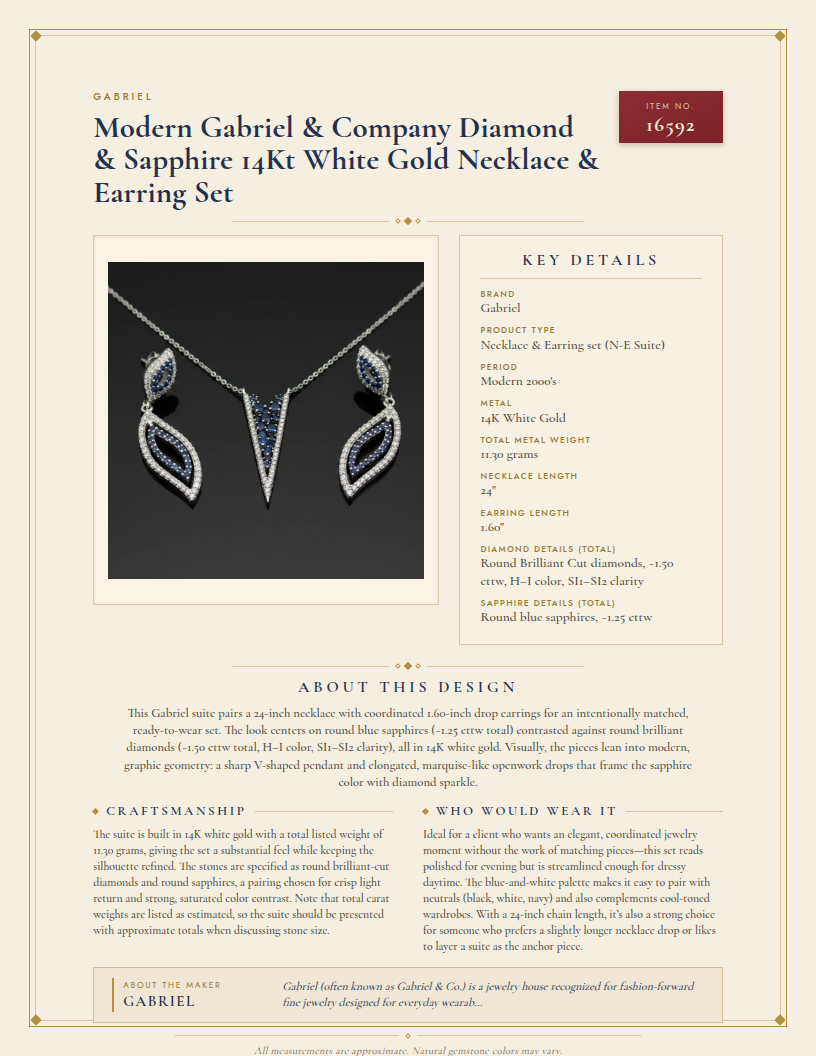 Modern Gabriel & Company Diamond & Sapphire 14Kt White Gold Necklace & Earring Set — anatomy card