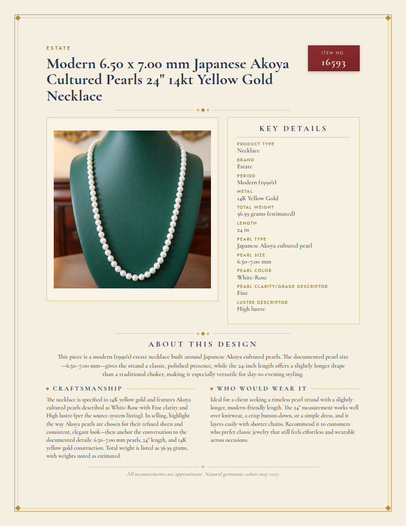 Modern 6.50 x 7.00 mm Japanese Akoya Cultured Pearls 24" 14kt Yellow Gold Necklace — anatomy card