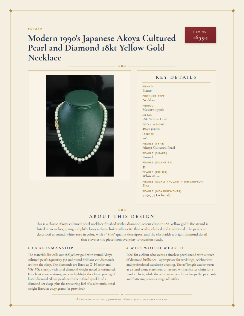 Modern 1990's  Japanese Akoya Cultured Pearl and Diamond 18kt Yellow Gold Necklace — anatomy card