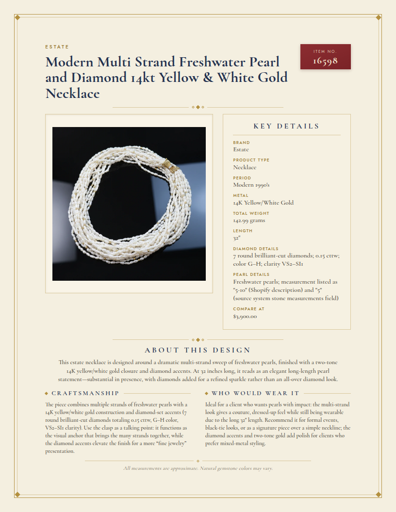 Modern Multi Strand Freshwater Pearl and Diamond 14kt Yellow & White Gold Necklace — anatomy card