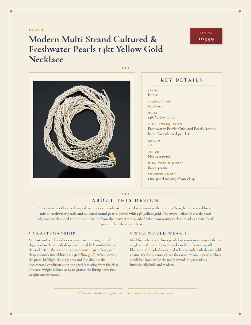 Modern Multi Strand Cultured & Freshwater Pearls 14kt Yellow Gold Necklace — anatomy card