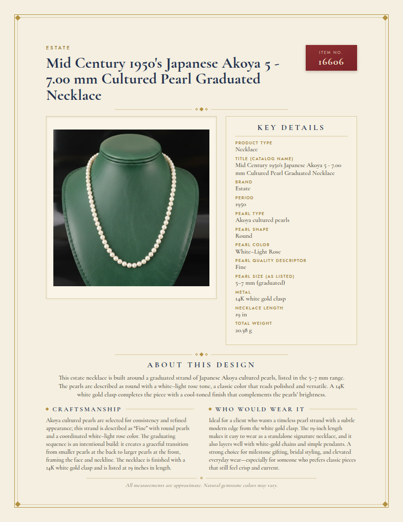 Mid Century 1950's Japanese Akoya 5 - 7.00 mm Cultured Pearl Graduated Necklace — anatomy card