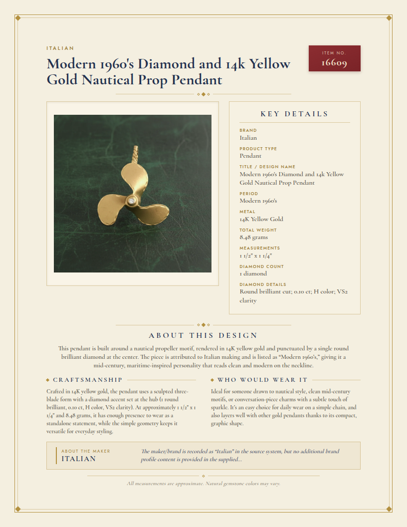 Modern 1960's Diamond and 14k Yellow Gold Nautical Prop Pendant — anatomy card