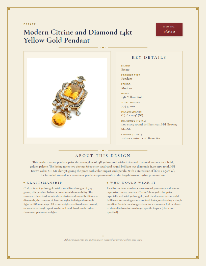 Modern Citrine and Diamond 14kt Yellow Gold Pendant — anatomy card
