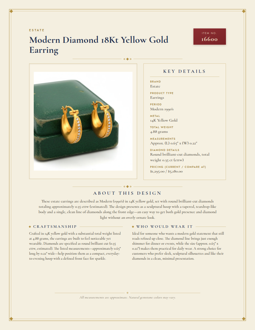 Modern Diamond 18Kt Yellow Gold Earring — anatomy card