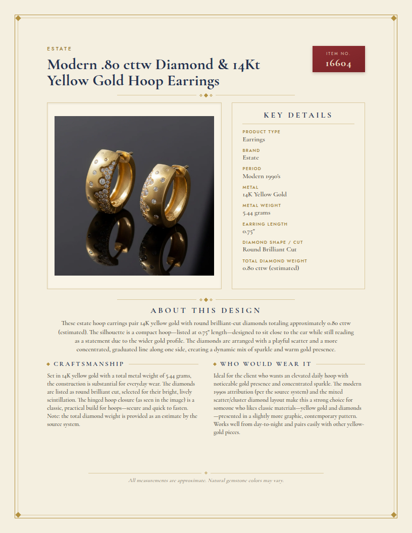 Modern .80 cttw Diamond & 14Kt Yellow Gold Hoop Earrings — anatomy card
