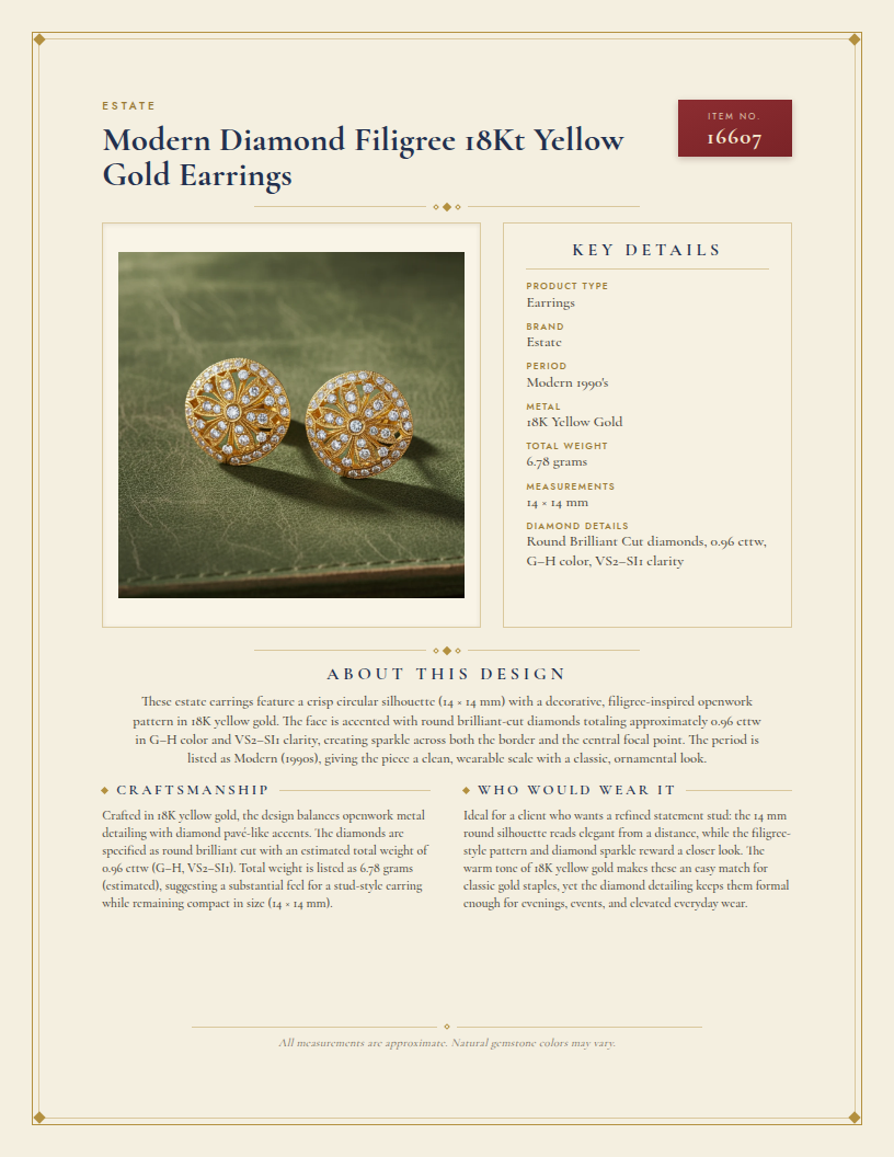 Modern Diamond Filigree 18Kt Yellow Gold Earrings — anatomy card