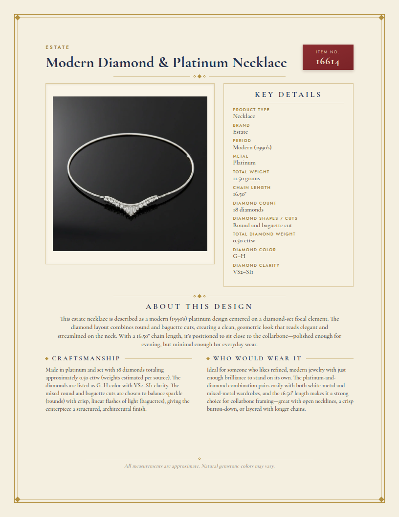 Modern Diamond & Platinum Necklace — anatomy card