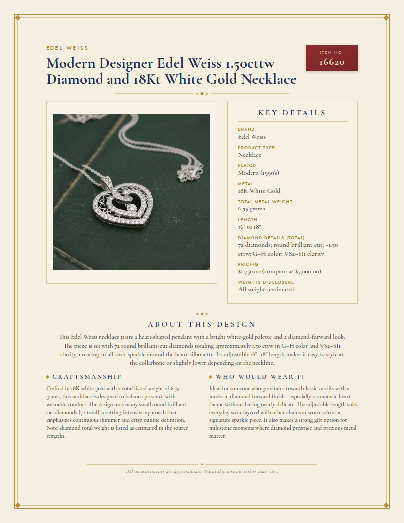 Modern Designer Edel Weiss 1.50cttw Diamond and 18Kt White Gold Necklace — anatomy card