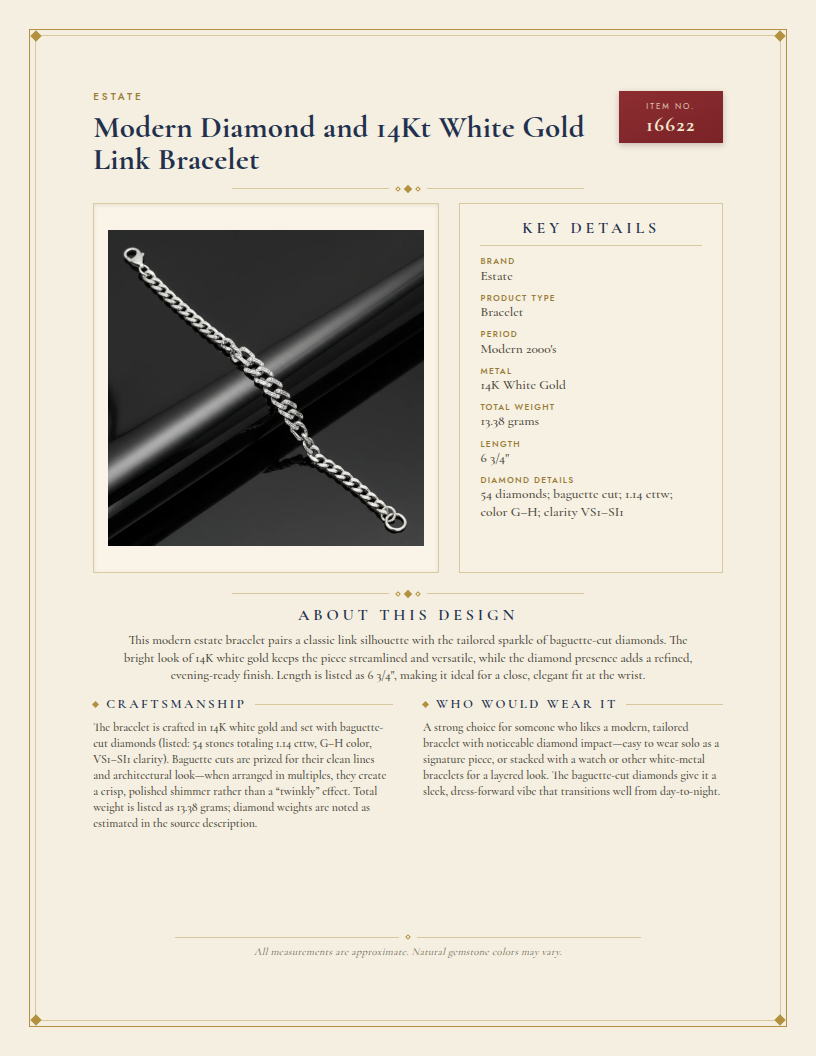 Modern Diamond and 14Kt White Gold Link Bracelet — anatomy card