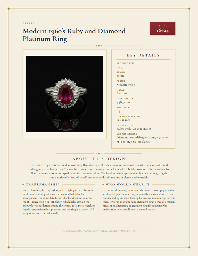 Modern 1960's Ruby and Diamond Platinum Ring — anatomy card