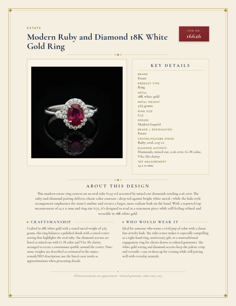 Modern Ruby and Diamond 18K White Gold Ring — anatomy card