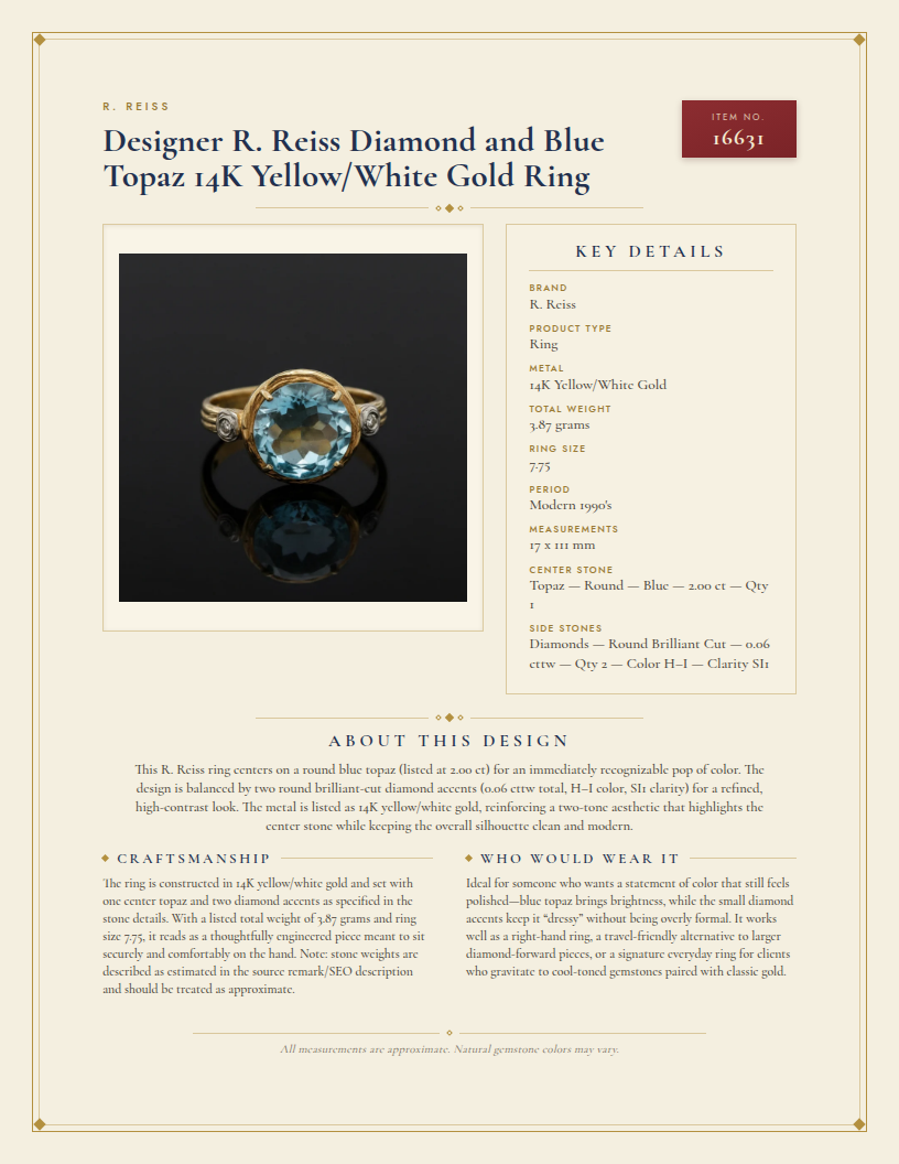 Designer R. Reiss Diamond and Blue Topaz 14K Yellow/White Gold Ring — anatomy card