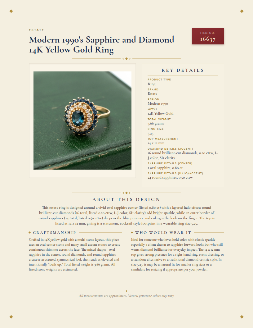 Modern 1990's Sapphire and Diamond 14K Yellow Gold Ring — anatomy card