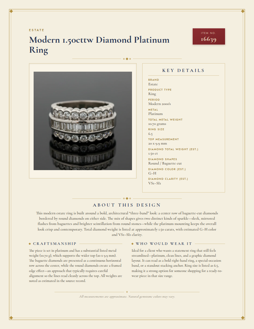Modern 1.50cttw Diamond Platinum Ring — anatomy card