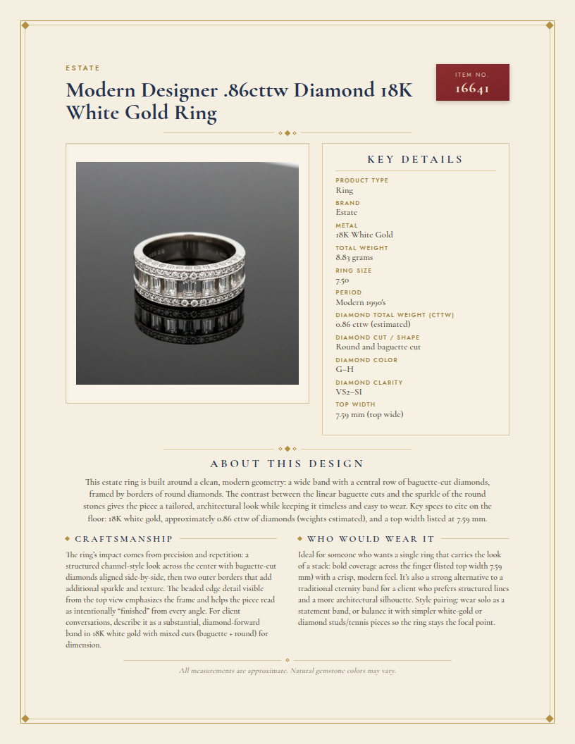 Modern Designer .86cttw Diamond 18K White Gold Ring — anatomy card