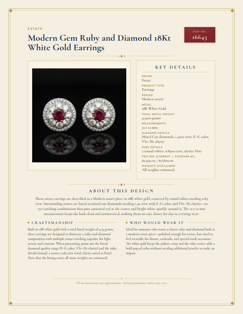 Modern Gem Ruby and Diamond 18Kt White Gold Earrings — anatomy card