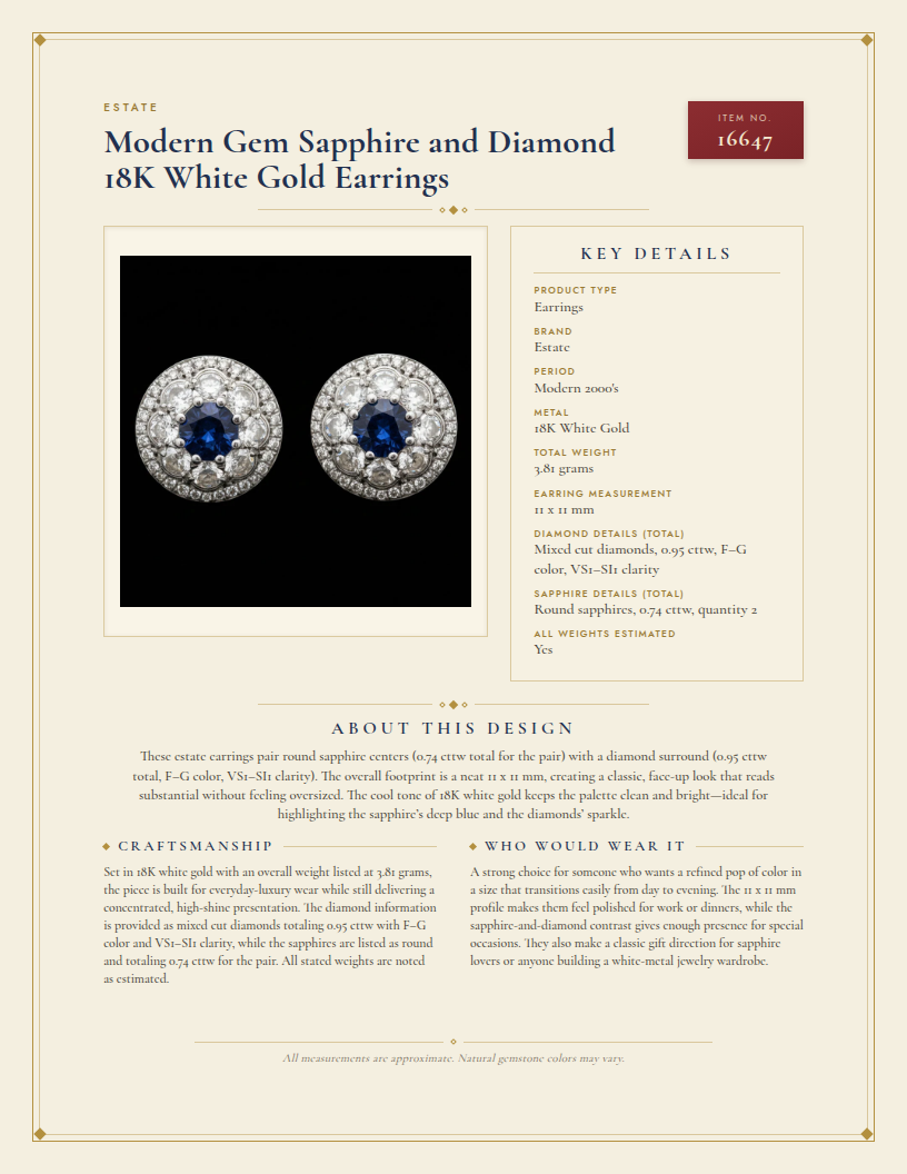 Modern Gem Sapphire and Diamond 18K White Gold Earrings — anatomy card